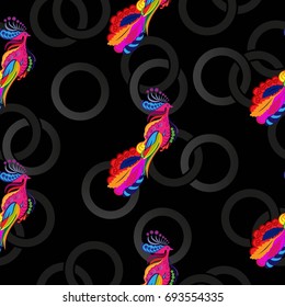 Beautiful colorful rooster. Endless pattern. Background Fantastic Beasts.