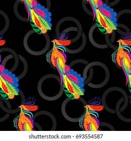 Beautiful colorful rooster. Endless pattern. Background Fantastic Beasts.