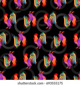 Beautiful colorful rooster. Endless pattern. Background Fantastic Beasts.