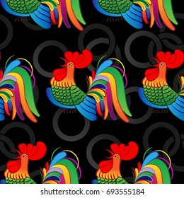 Beautiful colorful rooster. Endless pattern. Background Fantastic Beasts.