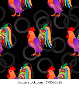 Beautiful colorful rooster. Endless pattern. Background Fantastic Beasts.