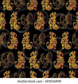 Beautiful colorful rooster. Endless pattern. Background Fantastic Beasts.