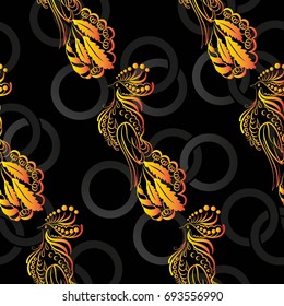 Beautiful colorful rooster. Endless pattern. Background Fantastic Beasts.