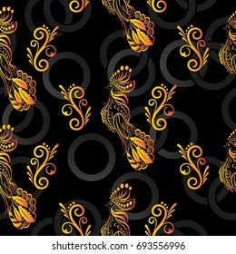 Beautiful colorful rooster. Endless pattern. Background Fantastic Beasts.