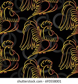 Beautiful colorful rooster. Endless pattern. Background Fantastic Beasts.