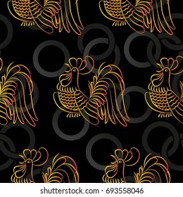 Beautiful colorful rooster. Endless pattern. Background Fantastic Beasts.