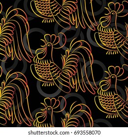 Beautiful colorful rooster. Endless pattern. Background Fantastic Beasts.