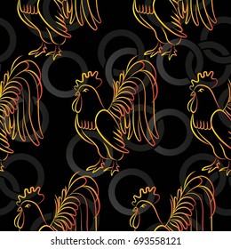 Beautiful colorful rooster. Endless pattern. Background Fantastic Beasts.