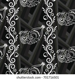 Beautiful colorful rooster. Endless pattern. Background Fantastic Beasts.