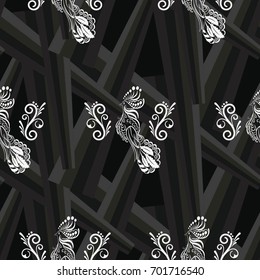 Beautiful colorful rooster. Endless pattern. Background Fantastic Beasts.