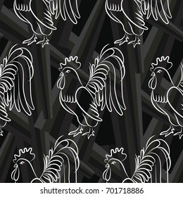 Beautiful colorful rooster. Endless pattern. Background Fantastic Beasts.