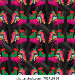 Beautiful colorful rooster. Endless pattern. Background Fantastic Beasts.