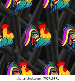 Beautiful colorful rooster. Endless pattern. Background Fantastic Beasts.
