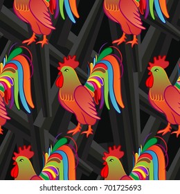 Beautiful colorful rooster. Endless pattern. Background Fantastic Beasts.