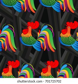 Beautiful colorful rooster. Endless pattern. Background Fantastic Beasts.
