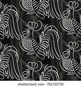 Beautiful colorful rooster. Endless pattern. Background Fantastic Beasts.