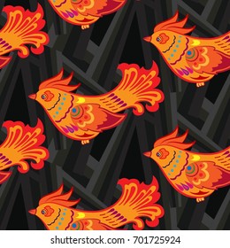 Beautiful colorful rooster. Endless pattern. Background Fantastic Beasts.