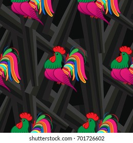 Beautiful colorful rooster. Endless pattern. Background Fantastic Beasts.