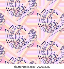 Beautiful colorful rooster. Endless pattern. Background Fantastic Beasts.