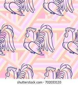 Beautiful colorful rooster. Endless pattern. Background Fantastic Beasts.