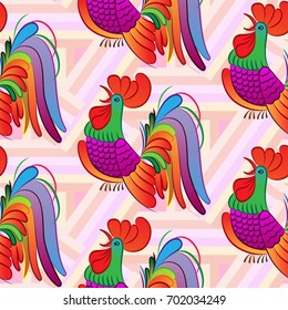 Beautiful colorful rooster. Endless pattern. Background Fantastic Beasts.