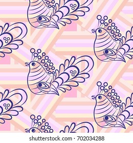 Beautiful colorful rooster. Endless pattern. Background Fantastic Beasts.