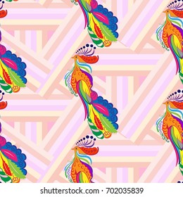 Beautiful colorful rooster. Endless pattern. Background Fantastic Beasts.