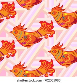Beautiful colorful rooster. Endless pattern. Background Fantastic Beasts.