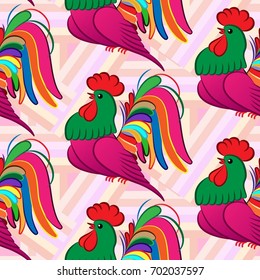 Beautiful colorful rooster. Endless pattern. Background Fantastic Beasts.