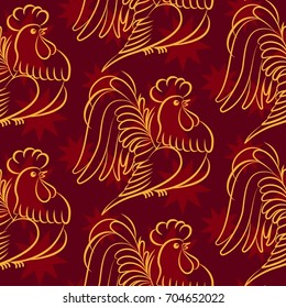 Beautiful colorful rooster. Endless pattern. Background Fantastic Beasts.