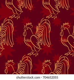 Beautiful colorful rooster. Endless pattern. Background Fantastic Beasts.