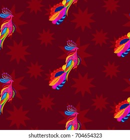 Beautiful colorful rooster. Endless pattern. Background Fantastic Beasts.