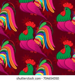 Beautiful colorful rooster. Endless pattern. Background Fantastic Beasts.