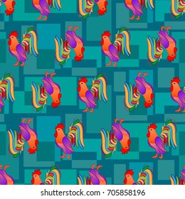 Beautiful colorful rooster. Endless pattern. Background Fantastic Beasts.
