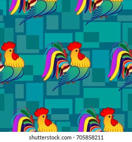 Beautiful colorful rooster. Endless pattern. Background Fantastic Beasts.