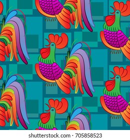 Beautiful colorful rooster. Endless pattern. Background Fantastic Beasts.