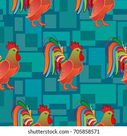 Beautiful colorful rooster. Endless pattern. Background Fantastic Beasts.