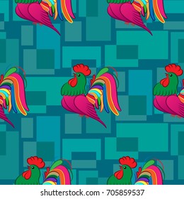 Beautiful colorful rooster. Endless pattern. Background Fantastic Beasts.