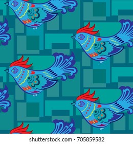 Beautiful colorful rooster. Endless pattern. Background Fantastic Beasts.