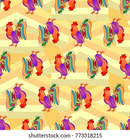 Beautiful colorful rooster. Endless pattern. Background Fantastic Beasts.