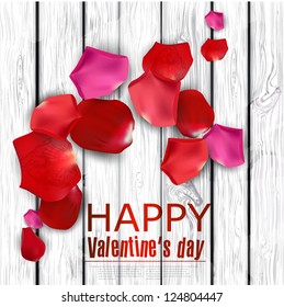 Beautiful colorful rose petals on wooden texture.  Happy Valentine's Day. Vector background