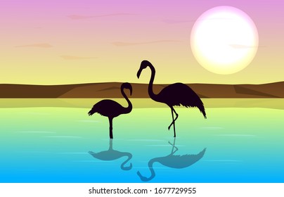 Beautiful colorful scene of the bright sun with a silhouette of two flamingos in the water. Vector illustration of a beautiful landscape. Can be used for travel or banners, poster design, desktop.