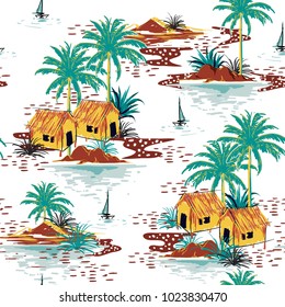 Beautiful colorful seamless island pattern on white background. Landscape with palm trees,beach and ocean vector hand drawn style.