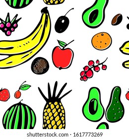 Beautiful colorful seamless pattern with fruit on a white background. There are: Avocado, strawberries, cherries, watermelon, pineapple, orange, coffee, banana, orange, apple, coconut, raspberry.