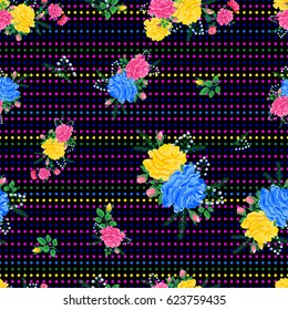 Beautiful colorful seamless pattern with pink,yellow,blue roses on a dark background. Vector illustration.Print for book covers, textile,fabric,wrapping gift paper