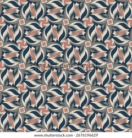 Beautiful colorful seamless pattern in soft tones. Overlapping art forms, stripes, polygons, segments are grouped and arranged in a certain order. Vector. 