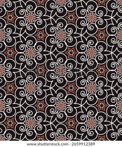 Beautiful colorful seamless pattern with swirls. Overlapping art forms, stripes, polygons, segments are grouped and arranged in a certain order. Vector. 