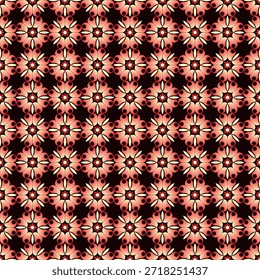 Hermoso, colorido patrón sin fisuras en tonos cálidos. Las formas artísticas se agrupan y organizan en un orden específico. Imagen de Vector para impresión, textil, embalaje, diseño de interiores y sus otros proyectos.