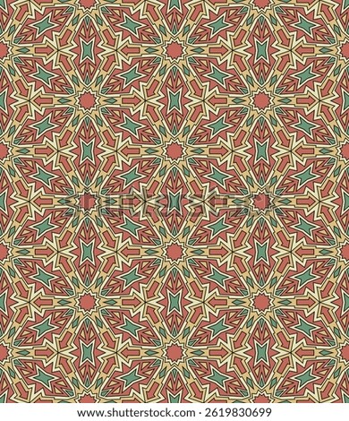 Beautiful colorful seamless pattern in warm colors. Overlapping art forms, stripes, polygons, segments are grouped and arranged in a certain order. Vector. 