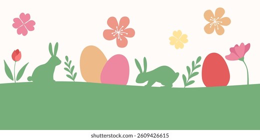 Beautiful colorful seamless vector spring landscape with Easter bunny, flowers and eggs.